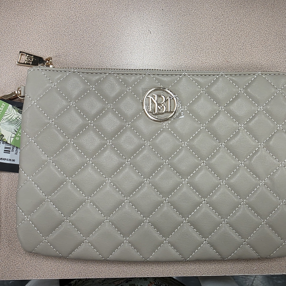Badgley Mischka Gray Quilted 10.5  inch Clutch With Gold Accents 7inch Deep. New